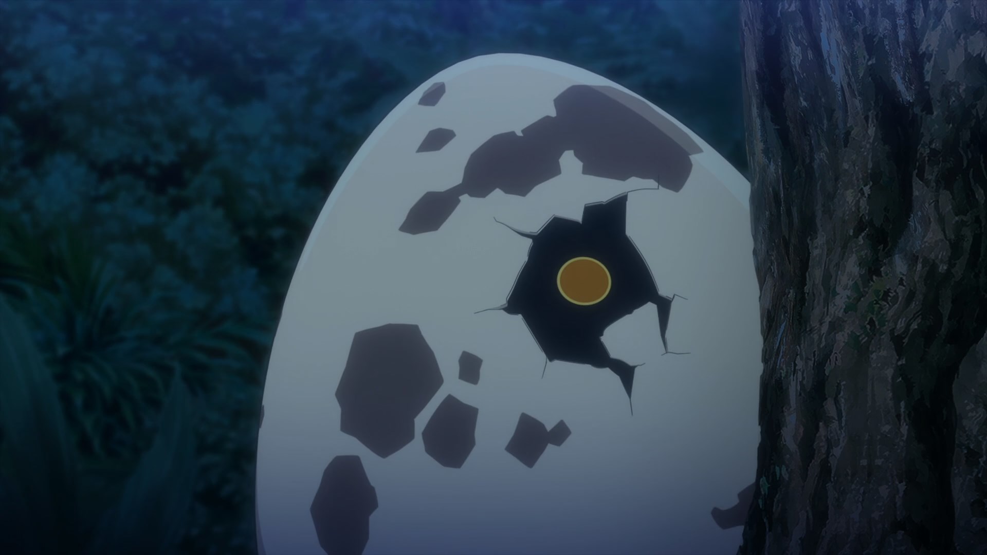 A literal egg with a crack in it exposing an eye is peering around a tree